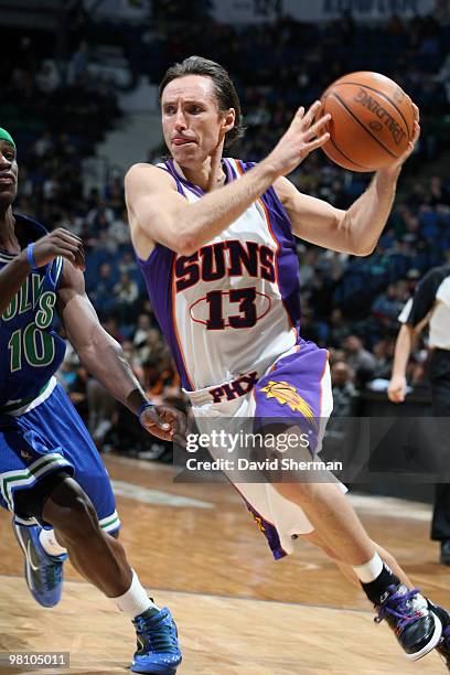 Steve Nash of the Phoenix Suns drives to the basket against Jonny Flynn of the Minnesota Timberwolves during the game on March 28, 2010 at the Target...