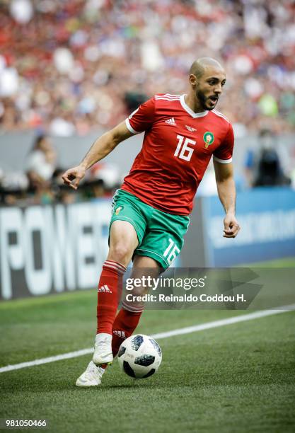 Nourredine Amrabat of Morroco in action during the 2018 FIFA World Cup Russia group B match between Portugal and Morocco at Luzhniki Stadium on June...