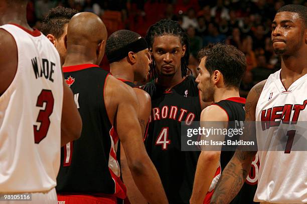 Chris Bosh of the Toronto Raptors leads his team against the Miami Heat on March 28, 2010 at American Airlines Arena in Miami, Florida. NOTE TO USER:...