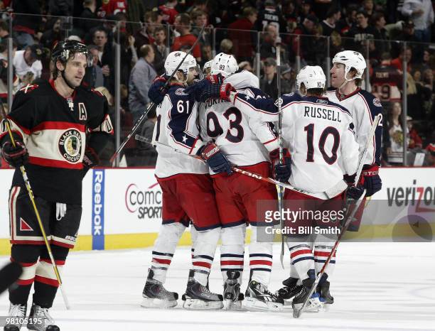 Jakub Voracek of the Columbus Blue Jackets celebrates with his teammates, including Rick Nash and Mike Commodore, after scoring his second goal of...