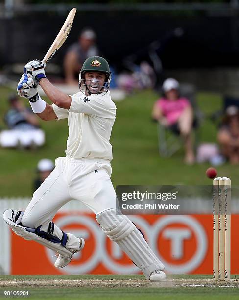 Michael Hussey of Australia bats during day three of the Second Test Match between New Zealand and Australia at Seddon Park on March 29, 2010 in...