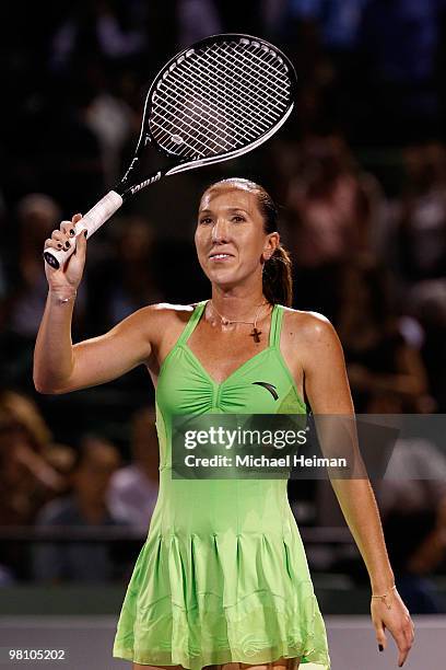 Jelena Jankovic of Serbia celebrates after defeating Elena Vesnina of Russia during day six of the 2010 Sony Ericsson Open at Crandon Park Tennis...