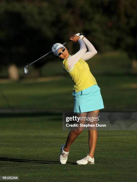 Hee Kyung Seo of South Korea hits her third shot on the 18th hole during the final round of the Kia Classic Presented by J Golf at La Costa Resort...