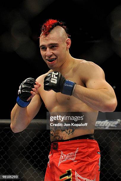 Fighter Dan Hardy smiles during his fight against Georges St-Pierre during their Welterweight title bout at UFC 111 at the Prudential Center on March...