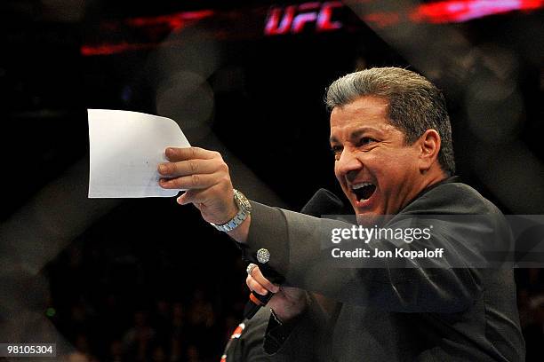 Announcer Bruce Buffer announces Georges St-Pierre and Dan Hardy before their Welterweight title bout at UFC 111 at the Prudential Center on March...