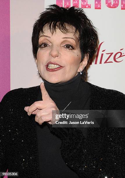Singer Liza Minnelli attends Perez Hilton's "Carn-Evil" Theatrical Freak and Funk 32nd birthday party at Paramount Studios on March 27, 2010 in Los...
