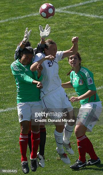 Abby Wambach of the USA goes up for a header against Mexico during the Women's International Friendly Soccer Match between Mexico and the United...