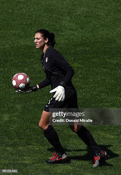 Goaltender Hope Solo of the USA looks to pass the ball during the Women's International Friendly Soccer Match between Mexico and the United States at...