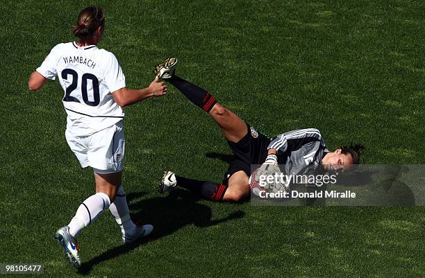 Goaltender Erika Vanegas of Mexico stops the ball in front of Abby Wambach of the USA during the Women's International Friendly Soccer Match between...