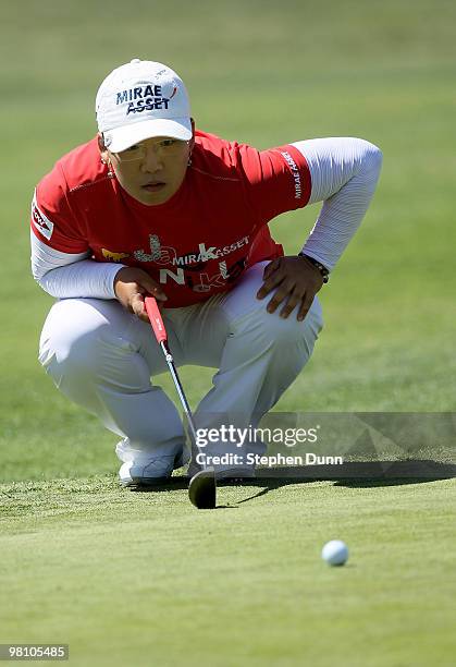 Jiyai Shin of South Korea lines up a putt on the first hole during the final round of the Kia Classic Presented by J Golf at La Costa Resort and Spa...