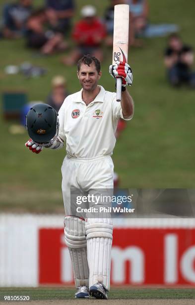 Simon Katich of Australia celebrates his century during day three of the Second Test Match between New Zealand and Australia at Seddon Park on March...