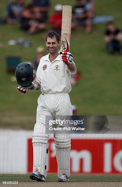 Simon Katich of Australia celebrates his century during day three of the Second Test Match between New Zealand and Australia at Seddon Park on March...