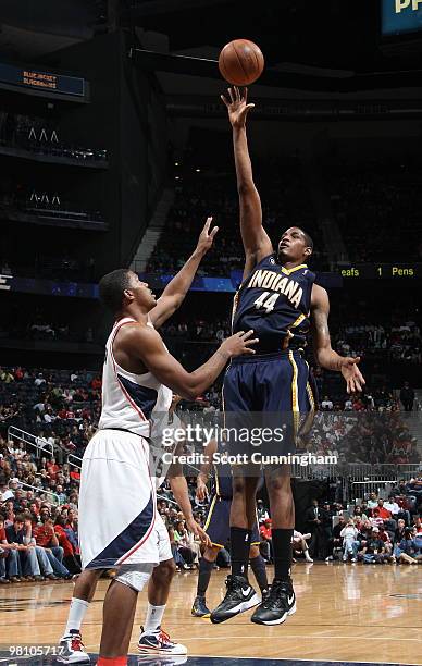 Solomon Jones of the Indiana Pacers puts up a shot against the Atlanta Hawks on March 28, 2010 at Philips Arena in Atlanta, Georgia. NOTE TO USER:...