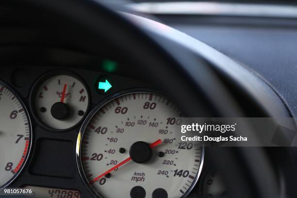 illuminated turn signal light displayed on a vehicle dashboard - misuratore foto e immagini stock