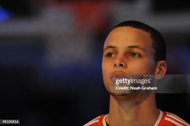 Stephen Curry of the Golden State Warriors looks on before a game against the Los Angeles Clippers at Staples Center on March 28, 2010 in Los...