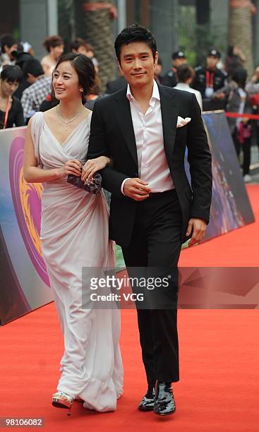 South Korean actress Kim Tae Hee and actor Lee Byung Hun arrive at the red carpet of the The 14th Chinese Music Award Ceremony held at Sichuan...