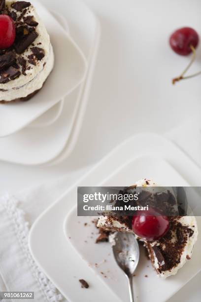 mini black forest cakes - iliana mestari stock pictures, royalty-free photos & images