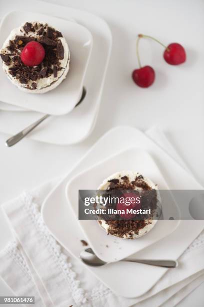 mini black forest cakes - iliana mestari stock pictures, royalty-free photos & images