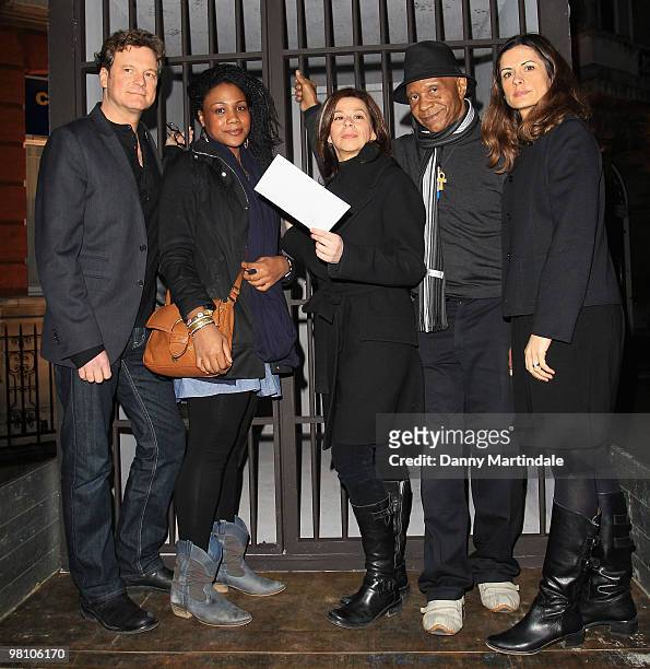 Colin Firth and Sam Roddick with cast members at the UK Film Premiere of 'In The Land Of The Free' on March 24, 2010 in London, England.