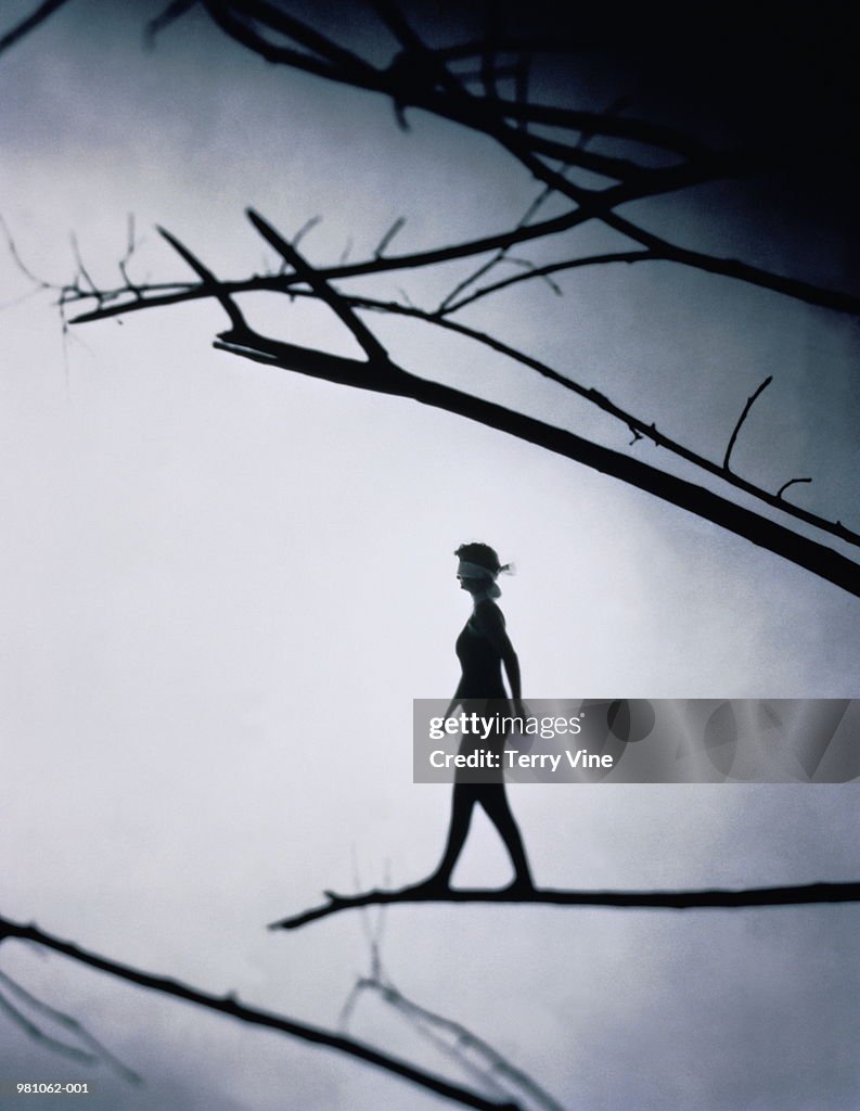 Silhouette of blindfolded woman walking along tree branch (B&W)