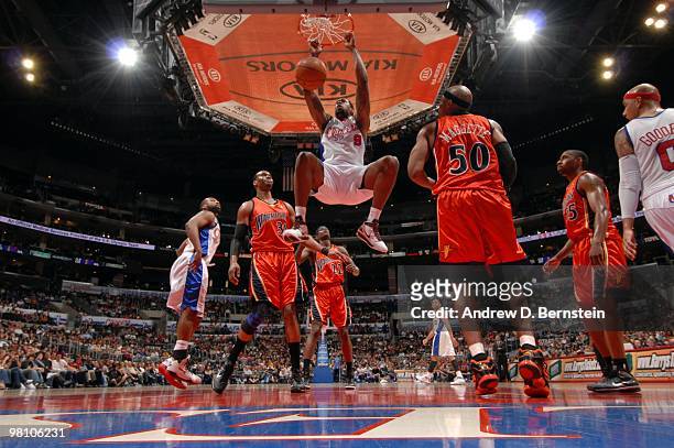 DeAndre Jordan of the Los Angeles Clippers dunks during a game against the Golden State Warriors at Staples Center on March 28, 2010 in Los Angeles,...