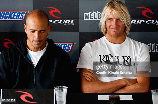 Kelly Slater of the United States of America and Owen Wright of Australia during the Rip Curl Pro press conference on March 29, 2010 in Bells Beach,...