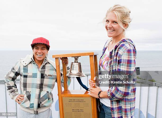 Defending Rip Curl Pro Champion Silvana Lima of Brazil with reigning ASP World Champion Stephanie Gilmore of Australia on March 29, 2010 in Bells...