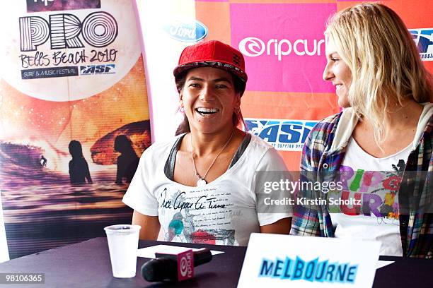 Silvana Lima of Brazil and Stephanie Gilmore of Australia during the Rip Curl Pro Bells Beach press conference on March 29, 2010 in Bells Beach,...