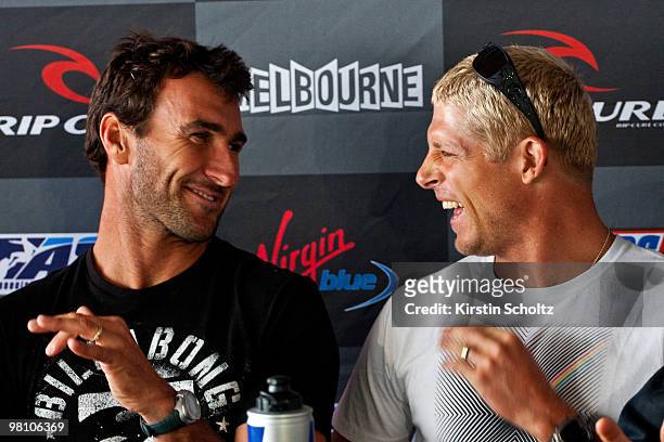 Joel Parkinson of Australia and Mick Fanning of Australia during the Rip Curl Pro press conference on March 29, 2010 in Bells Beach, Australia.