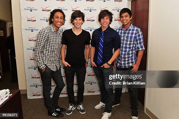 Nathan, Zach, Cameron and Rachel of the band Allstar Weekend attend Verizon's "Experience the Magic" Tour at the Freehold Raceway Mall on March 28,...