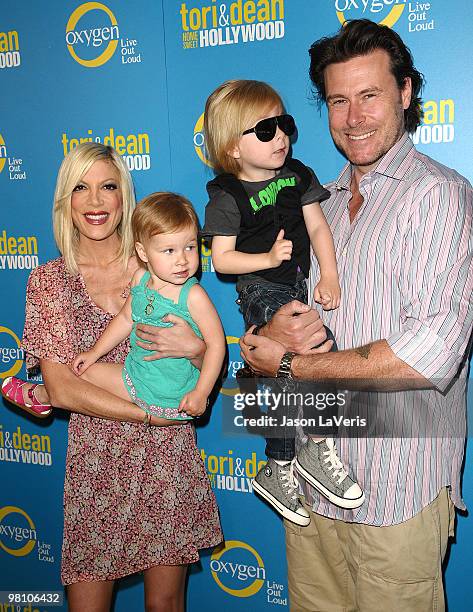 Actress Tori Spelling, Stella McDermott, Liam McDermott and actor Dean McDermott attend Tori & Dean's spring party at Fairmont Miramar Hotel on March...