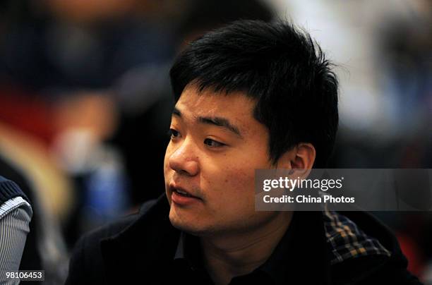 Snooker player Ding Junhui of China attends the press conference of the 2010 World Snooker China Open on March 28, 2010 in Beijing, China. The 2010...