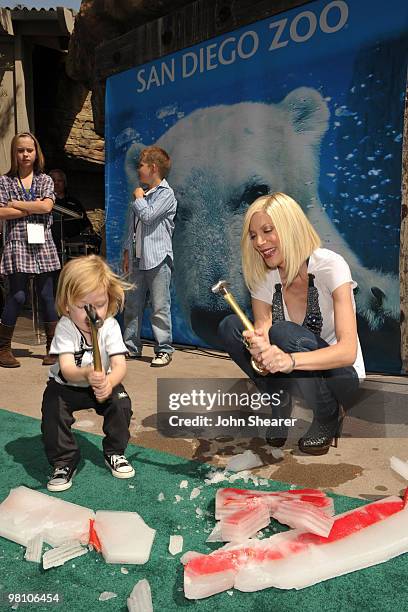 Actress Tori Spelling and her son Liam McDermott break the ice during the ribbon cutting at the launch of the Polar Bear Plunge at the World Famous...