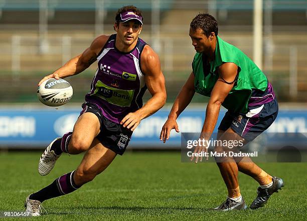 Billy Slater of the Storm evades a tackle during a Melbourne Storm NRL training session at Princes Park on March 29, 2010 in Melbourne, Australia.