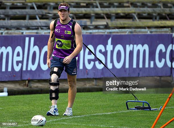 Ryan Hoffman of the Storm walks laps of the ground during a Melbourne Storm NRL training session at Princes Park on March 29, 2010 in Melbourne,...
