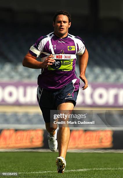 Brett White of the Storm strides out during a Melbourne Storm NRL training session at Princes Park on March 29, 2010 in Melbourne, Australia.