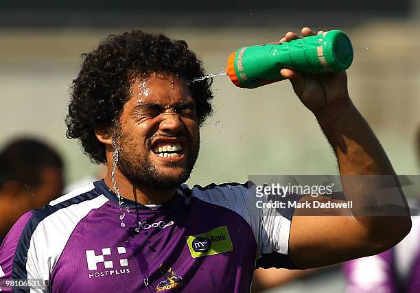 Adam Blair of the Storm cools down during a Melbourne Storm NRL training session at Princes Park on March 29, 2010 in Melbourne, Australia.