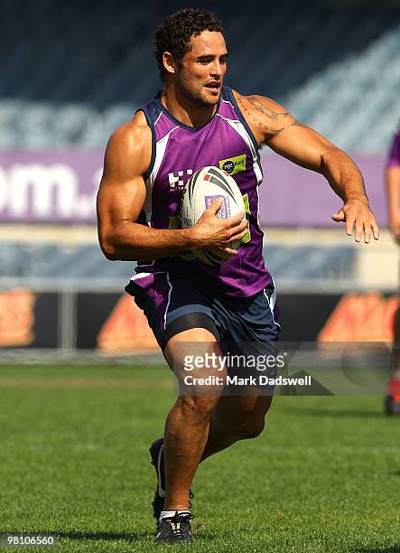 Hep Cahill of the Storm runs the ball up during a Melbourne Storm NRL training session at Princes Park on March 29, 2010 in Melbourne, Australia.