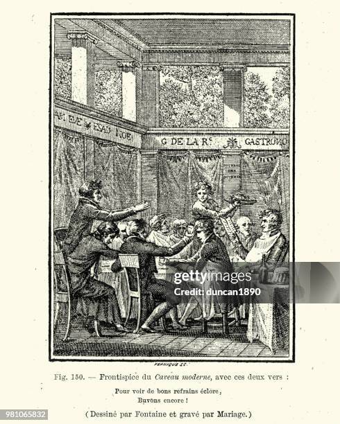 men eating and drinking in restaurant, france, late18th century - 18th century stock illustrations