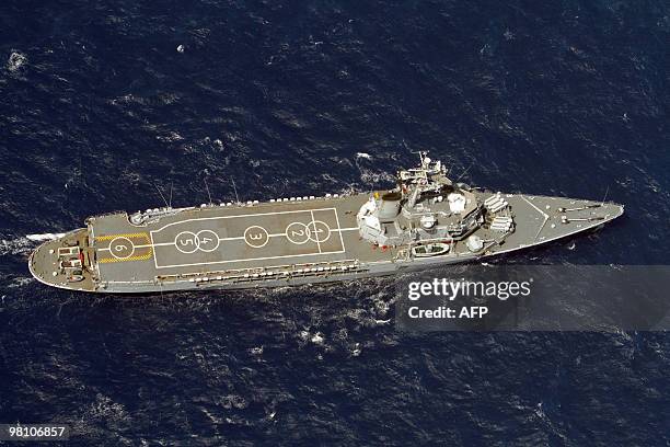 An aerial picture taken on March 23 shows the French helicopter-carrier Jeanne d'Arc, en route from the French Caribbean island of La Martinique to...