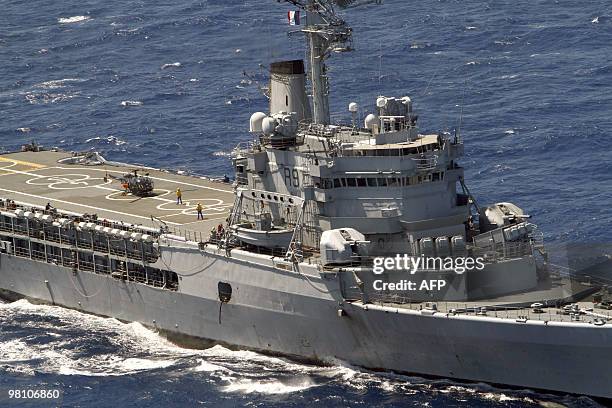 An aerial picture taken on March 23 shows the French helicopter-carrier Jeanne d'Arc, en route from the French Caribbean island of La Martinique to...