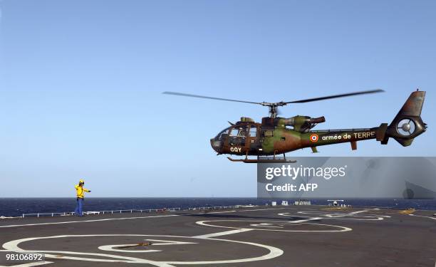 Picture taken on March 23 shows an helicopter landing on French helicopter-carrier Jeanne d'Arc, en route from the French Caribbean island of La...