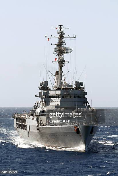 Picture taken on March 23 shows the French helicopter-carrier Jeanne d'Arc, en route from the French Caribbean island of La Martinique to Puerto...