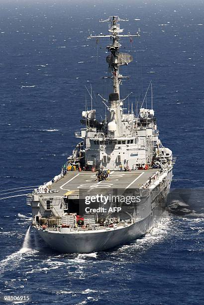 Picture taken on March 23 shows the French helicopter-carrier Jeanne d'Arc, en route from the French Caribbean island of La Martinique to Puerto...