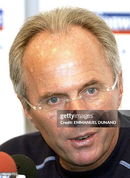 England's national soccer team coach Sven-Goran Eriksson addresses a press conference next to a South Korean translator 22 May 2002 on the South...