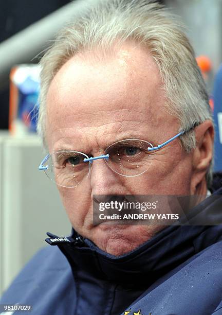 This file picture taken on April 20, 2008 in Manchester shows former Manchester City's Swedish manager Sven-Göran Eriksson taking his seat before the...