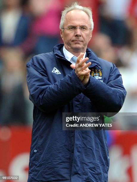 Manchester City's Swedish manager Sven-Goran Eriksson takes to the pitch after their English Premier league football match against Middlesbrough at...