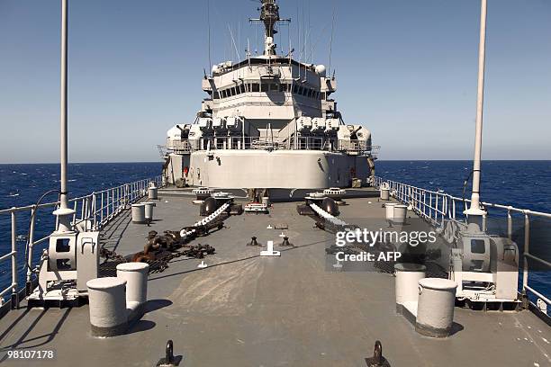 Picture taken on March 22 shows the deck of French helicopter-carrier Jeanne d'Arc, en route from the French Caribbean island of La Martinique to...