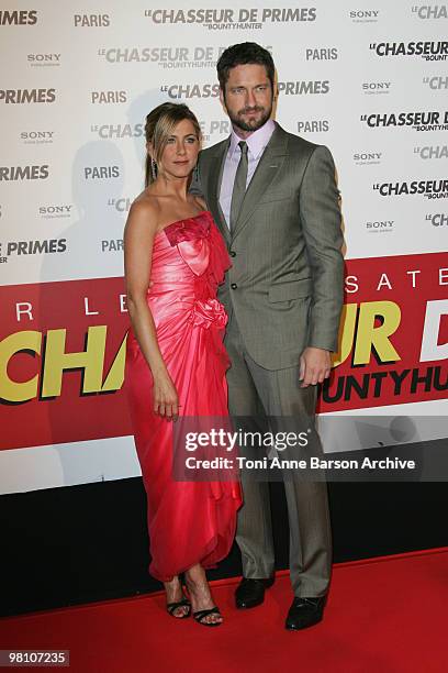 Jennifer Aniston and Gerard Butler attend The Bounty Hunter Premiere at Cinema Gaumont Marignan on March 28, 2010 in Paris, France.