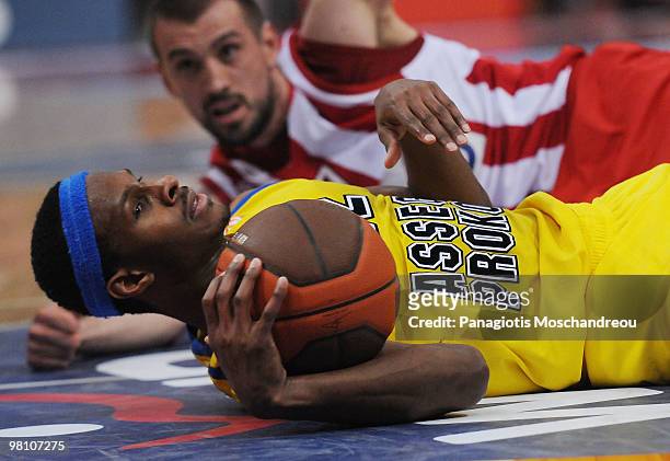 Daniel Ewing, #32 of Asseco Prokom Gdynia in action during the Euroleague Basketball 2009-2010 Play Off Game 2 between Olympiacos Piraeus vs Asseco...